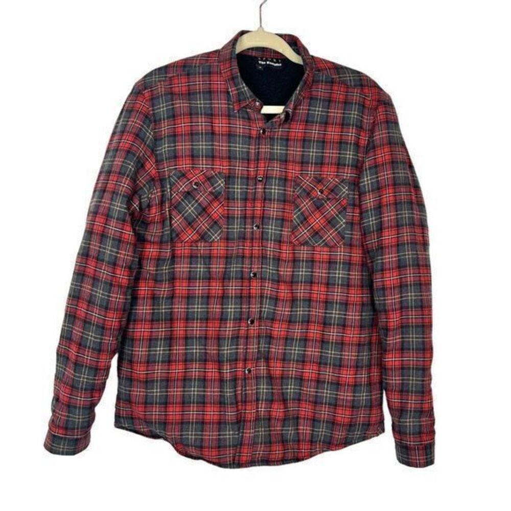 The Kooples Sport Men’s Medium Plaid Flannel Red Black fleece lined Shirt jacket
